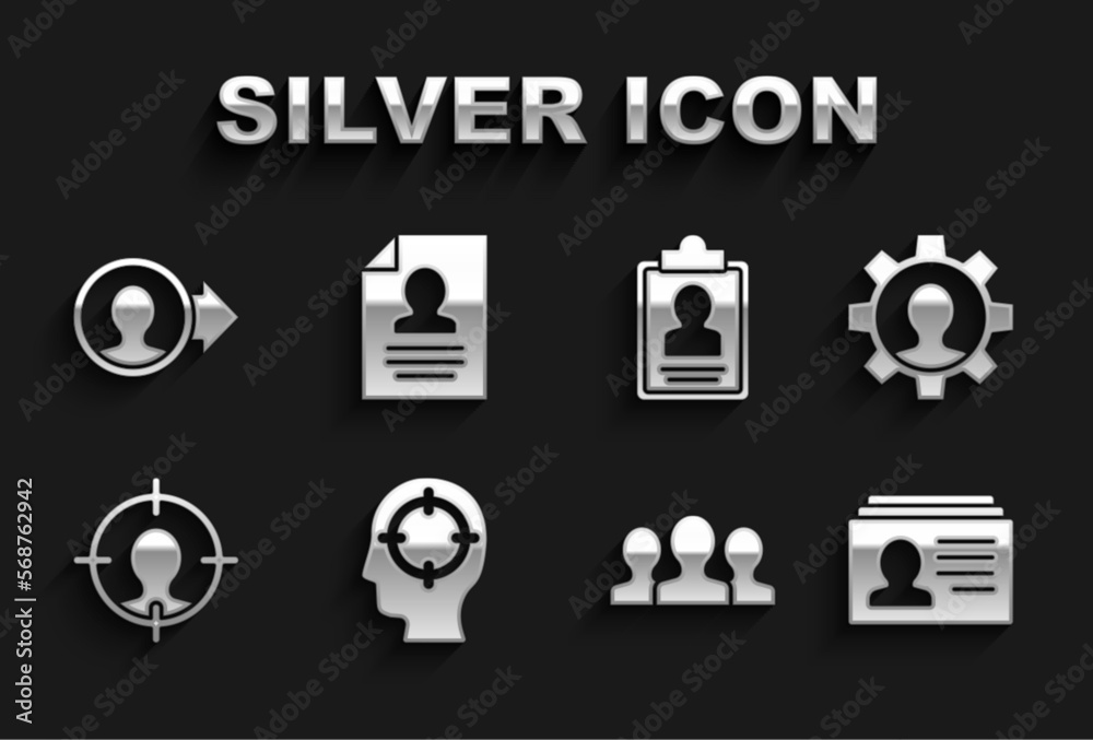 Set Head hunting, Human with gear, Resume, Users group, Clipboard resume, Create account screen and icon. Vector Set Head hunting, Human with gear, Resume, Users group, Clipboard resume, Create account screen and icon. Vector