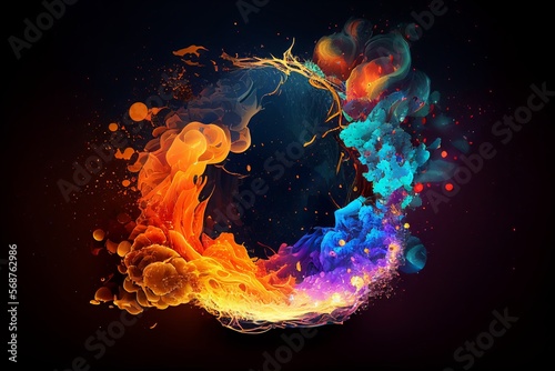 on a black background, a fiery explosion with multi-colored particles of smoke in the form of a burning flame Generative AI
