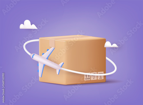 Box with airplane. Air concept delivery. 3D Web Vector Illustrations.