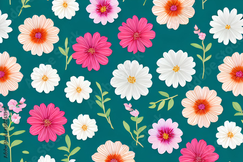 Beautiful Repeating Flower Patterns On A Plain Dark Green Background created with Generative AI technology