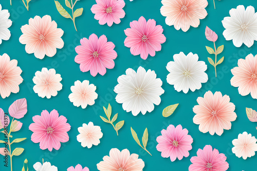 Beautiful Repeating Flower Patterns On A Plain Green Background created with Generative AI technology
