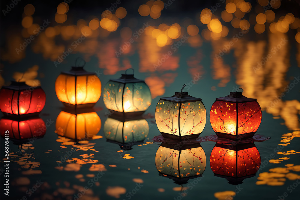 Paper lanterns float on dark water. Traditional Floating Lantern Festival,  Memorial Day. Generative AI illustration Stock Illustration | Adobe Stock