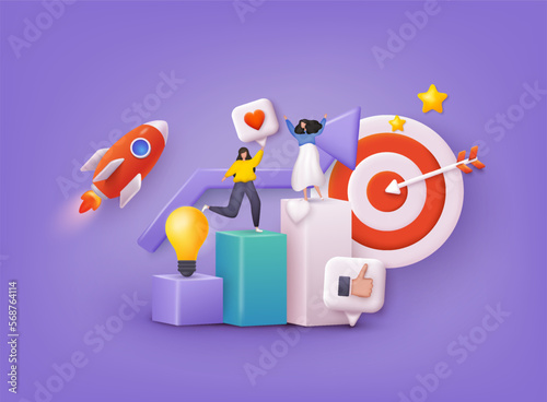 Partnership, team work, startup collaboration, target business. Business analysis, content strategy and management concept. 3D Web Vector Illustrations.