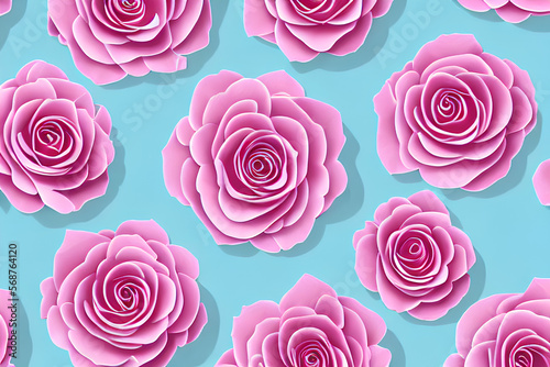 Beautiful Repeating Rose Flower Patterns On A Plain Cyan Blue Background created with Generative AI technology