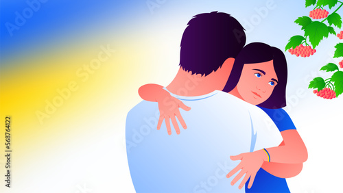 Ukrainian girl hugs her father against the background of twigs of viburnum. Vector illustration