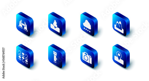 Set Tree, Cloud with rain, Mountains, Location for camping, Photo camera, Flashlight, Grilled shish kebab skewer and Binoculars icon. Vector