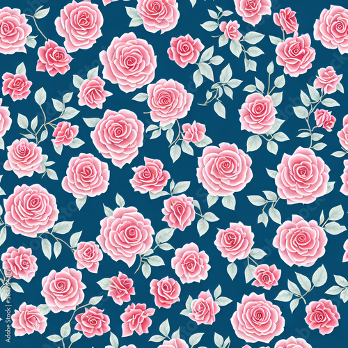 Beautiful Repeating Rose Flower Patterns On A Plain Dark Blue Background created with Generative AI technology