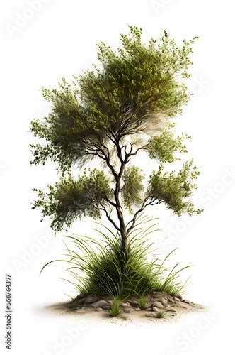 Tree with grass isolated on white background for use in architectural design or decoration work