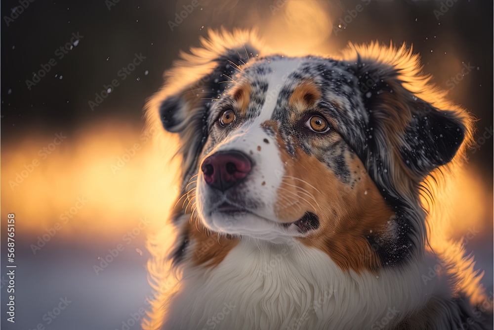 Fototapeta premium A beautiful australian shepherd dog playing in the forest covered in snow at sunset. Generative ai