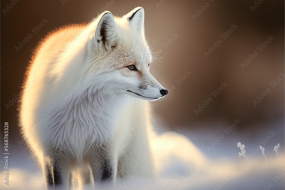 A young arctic fox in the snow at sunset. Generative ai A young arctic fox in the snow at sunset. Generative ai