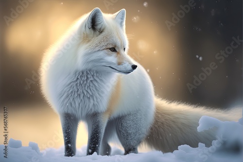 A young arctic fox in the snow at sunset. Generative ai