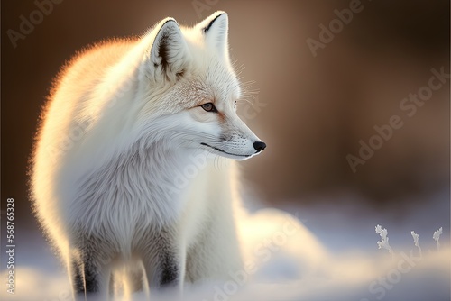 A young arctic fox in the snow at sunset. Generative ai