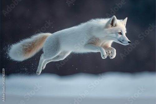 A young arctic fox jumping in the snow at sunset. Generative ai