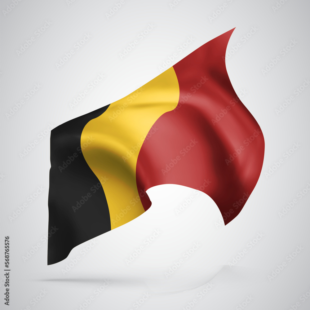 Belgium, vector flag with waves and bends waving in the wind on a white ...