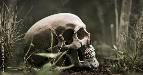 a skull sitting in the middle of some grass - Generative AI