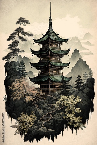 Tela landscape, pagoda in the mountains, japanese art, asia, buddhism, canvas print,