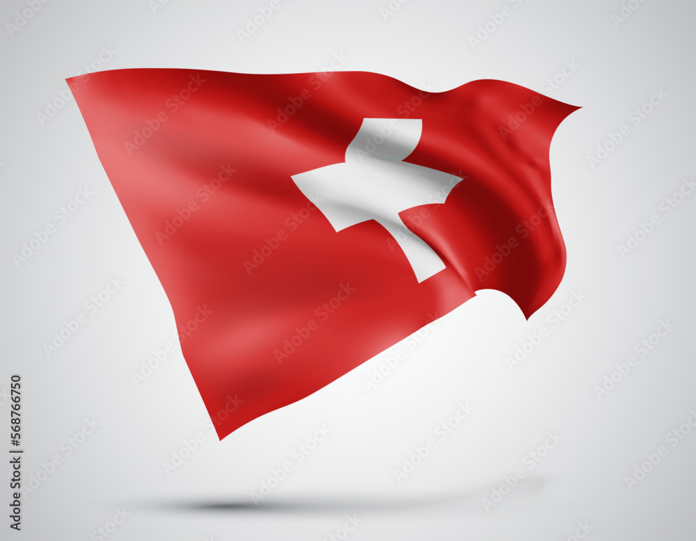 Switzerland, vector flag with waves and bends waving in the wind on a white background