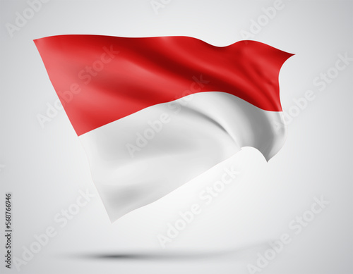 Indonesia, Monaco, vector flag with waves and bends waving in the wind on a white background