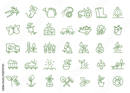 Gardening icon set. Garden tools. Growing plants. Agriculture and gardener. Vector line. Editable outline stroke.