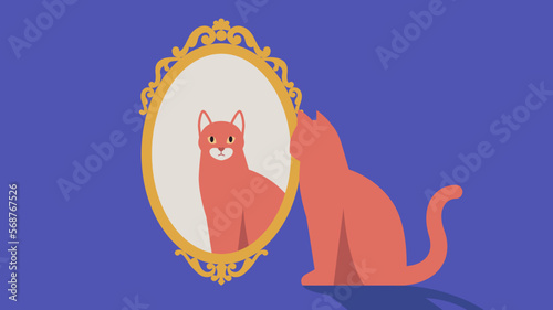 Orange ginger cat pet looking at reflection of itself in mirror minimal illustration