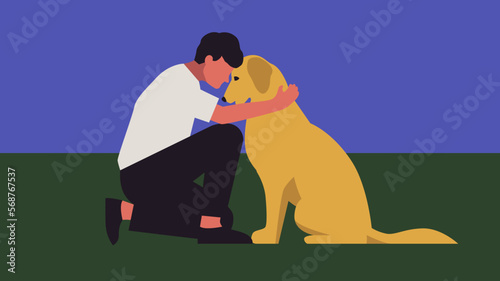 Man hugs golden retriever dog pet and gets emotional support minimal illustration