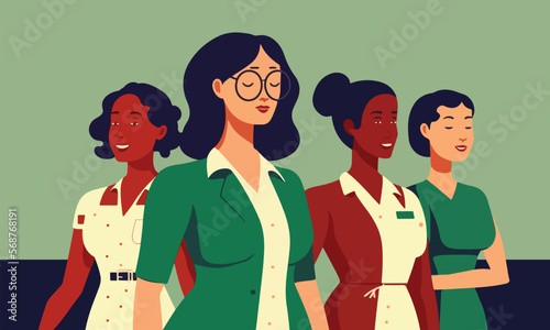 Fashionable Young Women Characters Together On Green And Blue Background.