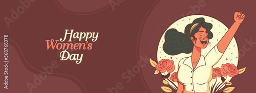 Happy Women's Day Banner Design With Cheerful Young Girl Character Raising Fist On Burnt Crimson Background.