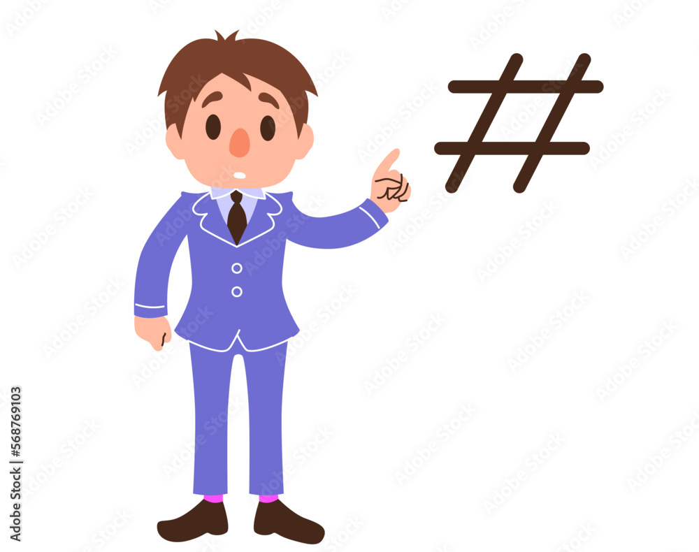 Vector illustration of businessman pointing with his finger hashtag symbol. Social media concept Vector illustration of businessman pointing with his finger hashtag symbol. Social media concept
