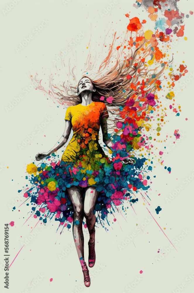 Obraz premium illustration of the jumping woman with flowers