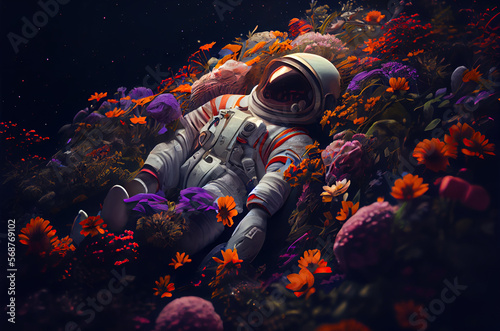 illustration of the spaceman in space suit on the meadow