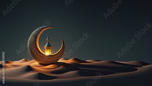 3D Render of Golden Crescent Moon With Illuminated Arabic Lantern On Sand Dune. Islamic Religious Concept. photo