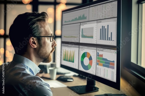 Analyst working on business analytics dashboard with KPI, charts and metrics to analyze data and create insight reports. Operations and performance management. AI-generated 