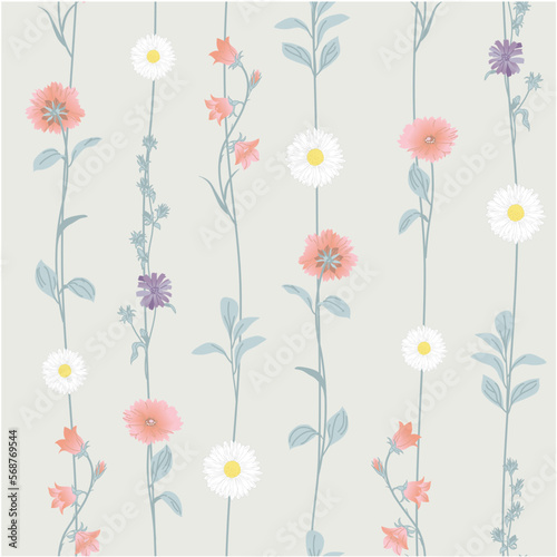 Floral meadow, seamless drawing with abstract wildflowers, summer colorful illustration on ivory background in Provence style. © andrei