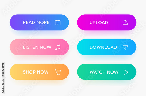 3d click here web buttons. Set of action button, hand cursor and arrow pointing click link buttons. Add to cart, shop now, download buttons. Online shopping icons for UI UX website, mobile app.