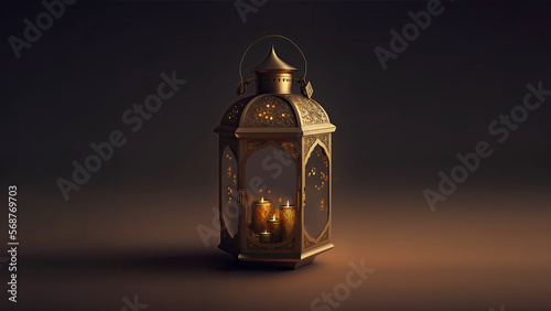 3D Render of Illuminated Golden Arabic Lanterns On Dark Background. Islamic Religious Concept.