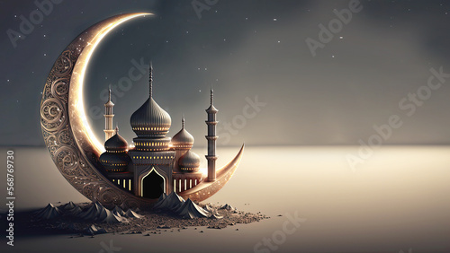 Billede på lærred 3D Render of Shiny Exquisite Crescent Moon With Carved Mosque On Night Background
