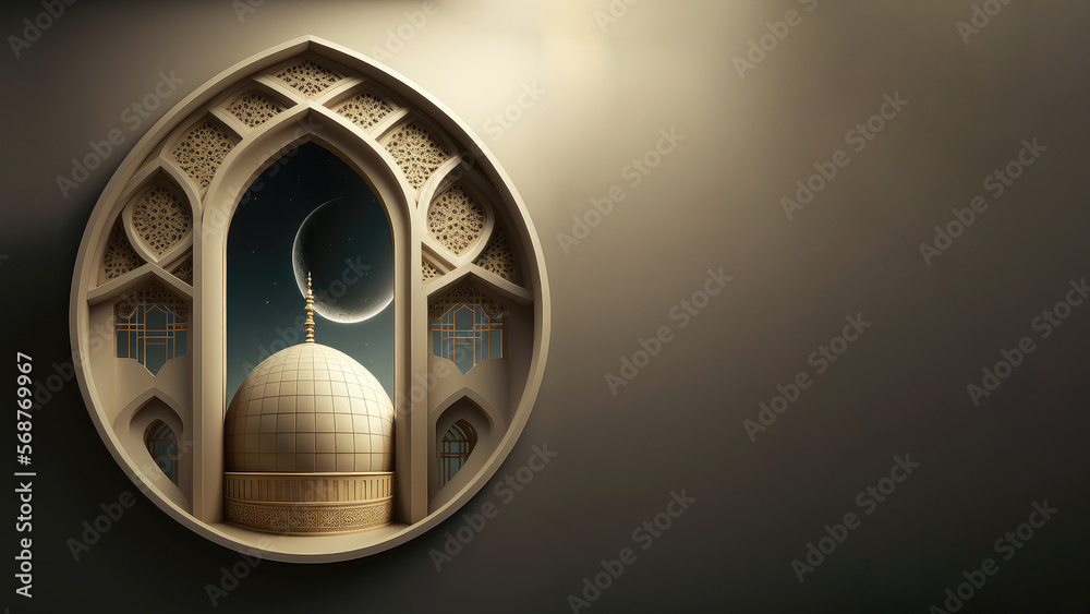 3D Render of Mosque With Realistic Crescent Moon Inside Mosaic Window. Islamic Religious Concept.