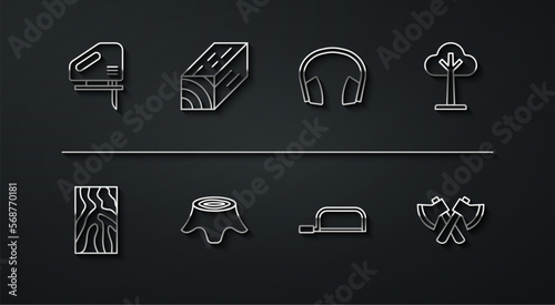 Set line Electric jigsaw, Wooden beam, Tree, Hacksaw, stump, axe and Headphones icon. Vector