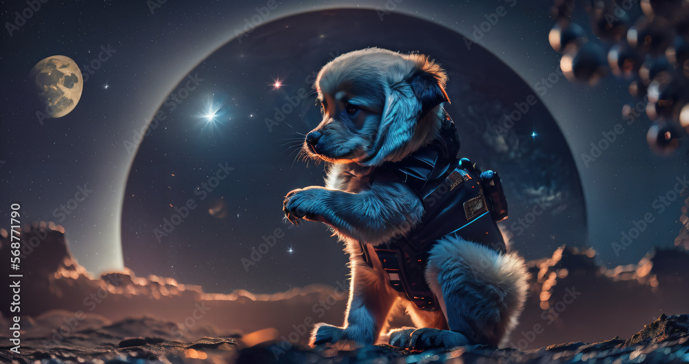a puppy in a space suit standing on the moon - Generative AI