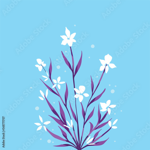 Baby blue background with vector white flowers and purple botanical leaves decoration isolated on square template for social media template cover  paper and scarf textile print  poster  brochure.