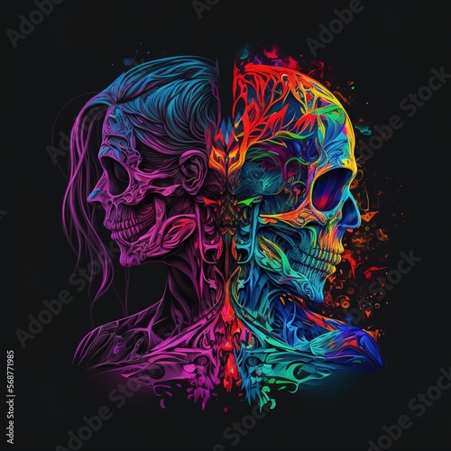 vivid color splashes digital skull