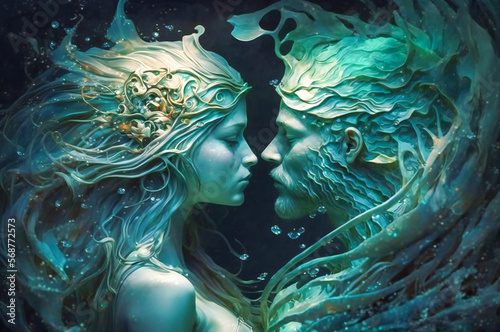 Mythological, fairy tale aquatic man and woman face to face. Created with Generative AI technology. photo