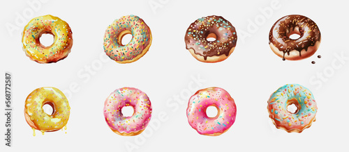 Watercolor donuts set. Vector illustration isolated on white background. Doughnuts in colorful glaze, kids sweets assorted, pastry for menu design, cafe decoration. 