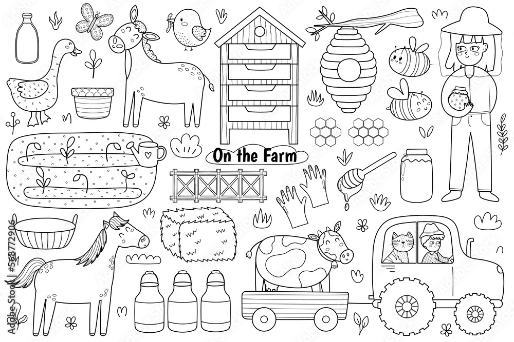Black and white set with cute farm animals - cow, horse, donkey and goose. Coloring page with little farmers, gardening equipment, tractor, beehive, milk, garden bed with sprouts and other elements. V