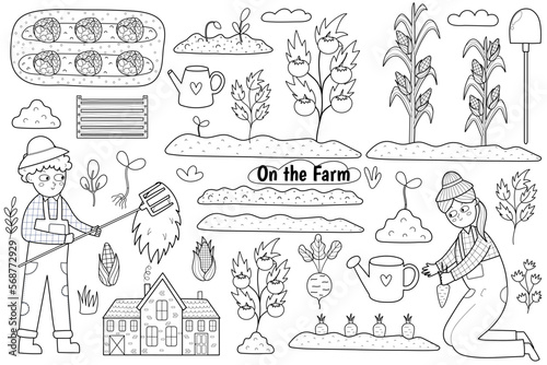 Black and white set with cute kids farmers working in the garden. Coloring page with boy making hay, girl harvesting carrots, garden beds with tomatoes. Agriculture and gardening. Vector illustration