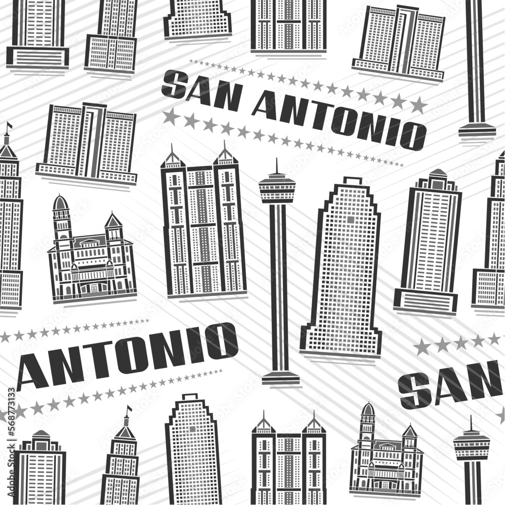Vector San Antonio Seamless Pattern, repeating background with illustration of famous city scape on white background for wrapping paper, monochrome line art urban poster with black text san antonio