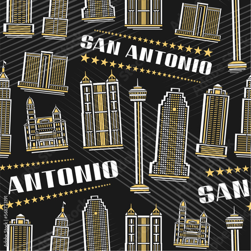Vector San Antonio Seamless Pattern, square repeat background with illustration of famous city scape on dark background for wrapping paper, decorative line art urban poster with white text san antonio