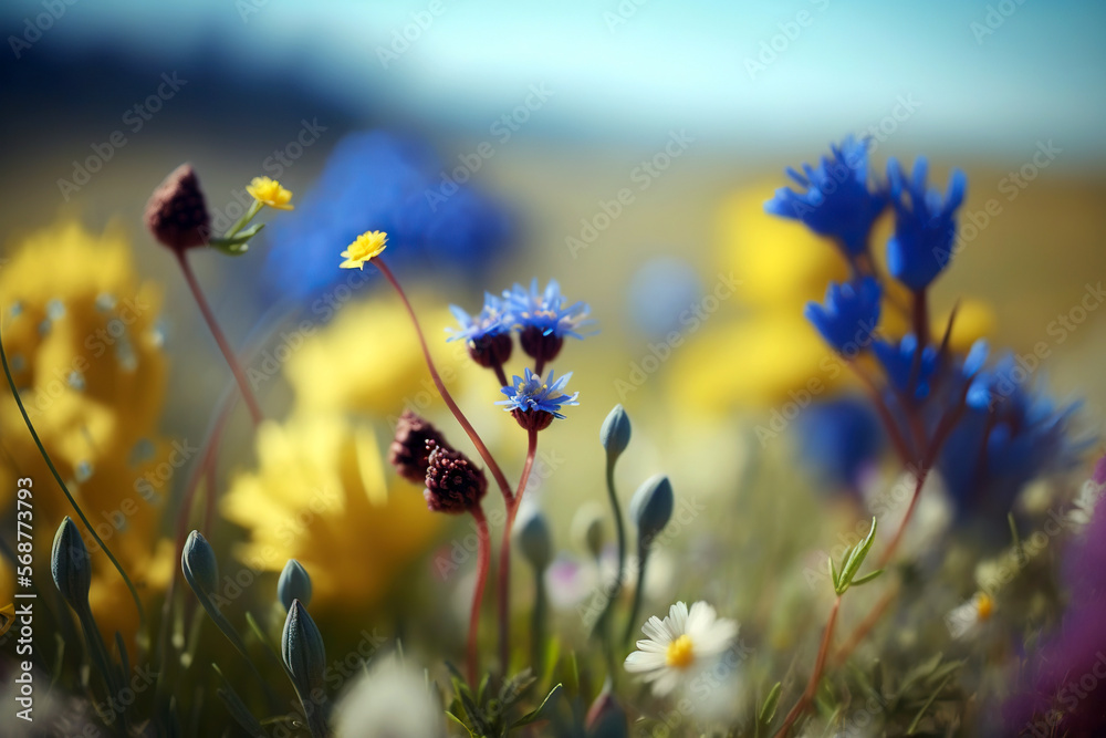 Spring flowers meadow. Generative AI.