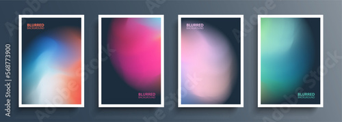 Set of blurred circle shapes on dark backgrounds with soft color gradients. Abstract graphic templates collection for brochures, posters, banners and flyers. Vector illustration.