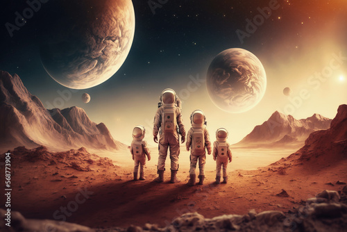 An astronaut family including children holidaying in planet Mars. Digital illustration created using Generative AI